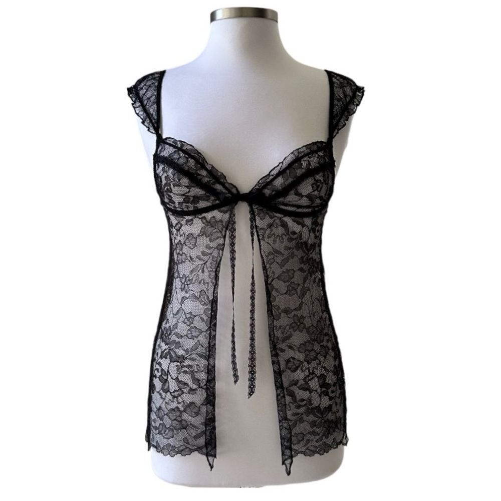 Victoria’s Secret Black Floral Lace Flyaway Babydoll Nightie Size Small